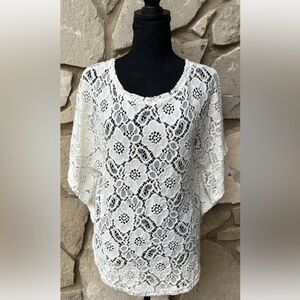 Rancho Estancia Crochet Top Small Ivory Short‎ Sleeve Bat Wing Excellent